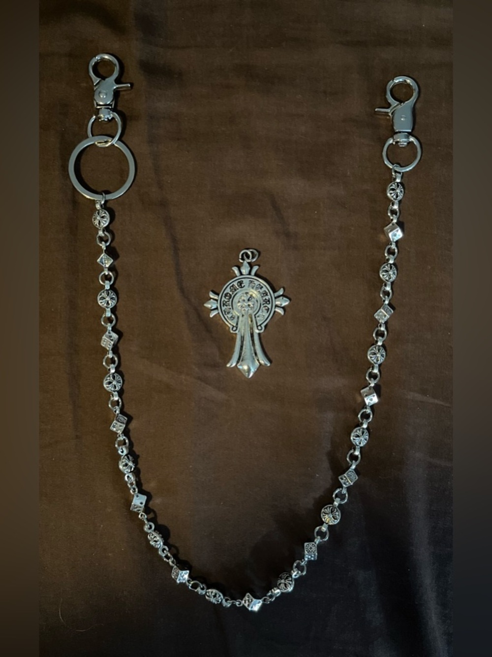Chrome Hearts Silver Cross Ball & Dice Wallet Chain Gothic Celtic Cross Pendant
